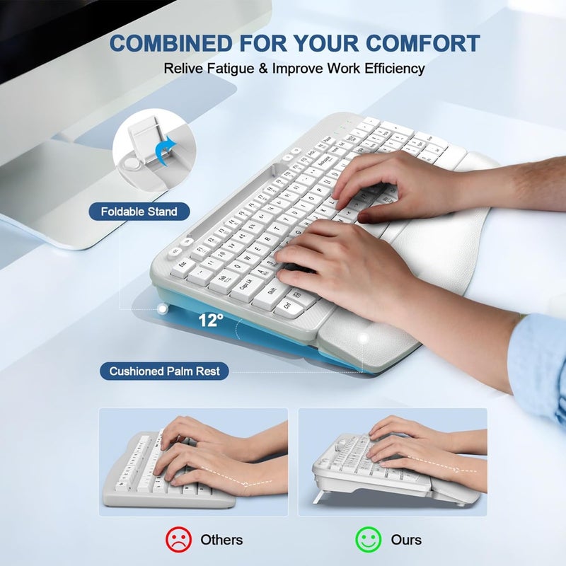EAYBLLY Ergonomic Wireless Keyboard with Cushioned Wrist Rest, Wave Keys, Phone Holder, Comfortable Natural Typing, 2.4GHz Full Size Cordless USB Computer Keyboard for Windows, Mac OS, Laptop, PC (White) - Image 4